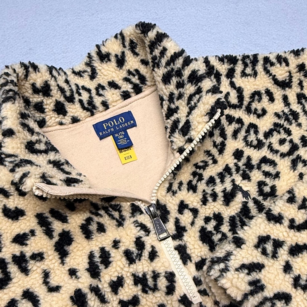 Polo Ralph Lauren Girls XL 16 Leopard Print Fleece Quarter Zip Pullover Pony
